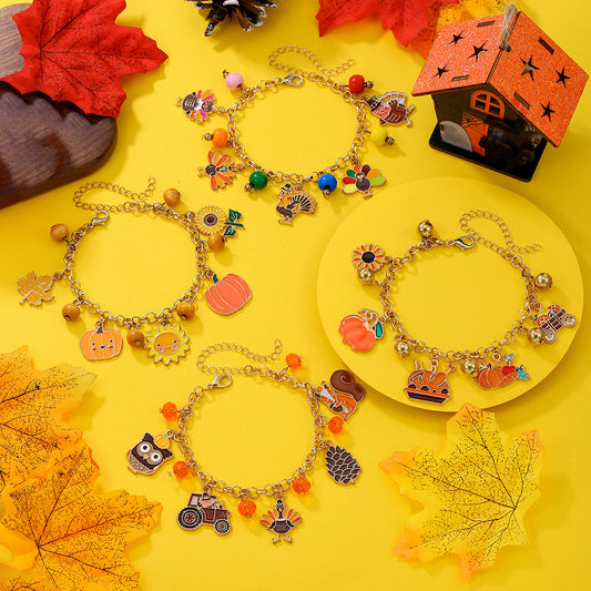 Thanksgiving Themed Holiday Bracelet with Maple Leaf Sunflower Design