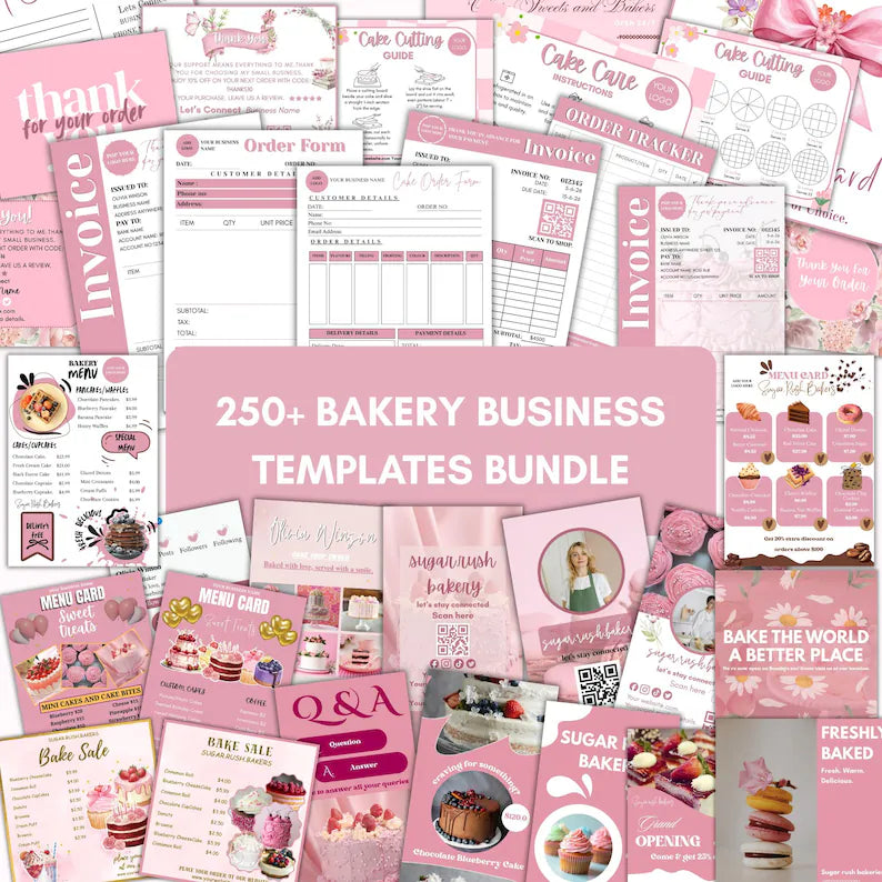 Editable bakery business template bundle, pink bakery branding kit, Cake business starter kit, canva business forms, instagram business card