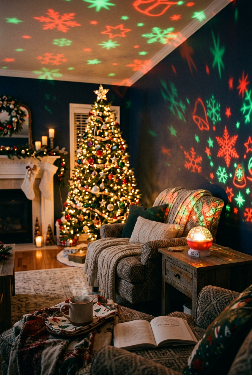 Cozy living room with Christmas projection lamp casting festive snowflake and star patterns on the walls and ceiling